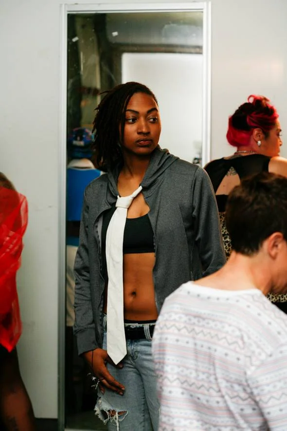Model Alli in Rupi's hoodie tie design, premiered last year at Queer Fashion Week 2015, Oakland