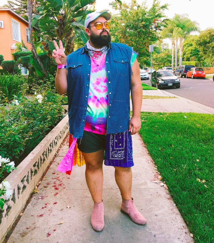 LA PRIDE DAY✌🏼LOOKS #TieDyeOrDie #ABearNamedTroy #latergram 🌈. Custom denim vest with rainbow bandanas made by @ianmofford 🐻❤️🐝