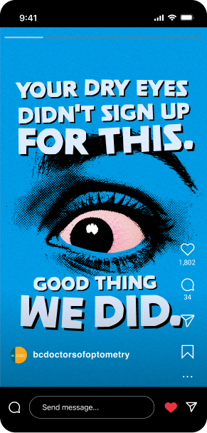 Facebook post with a blue background and an eye illustration, stating 'Your dry eyes didn't sign up for this. Good thing we did.'