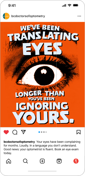 Graphic with an eye illustration and bold white and black text on orange background that reads, "We've been translating eyes longer than you've been ignoring yours."