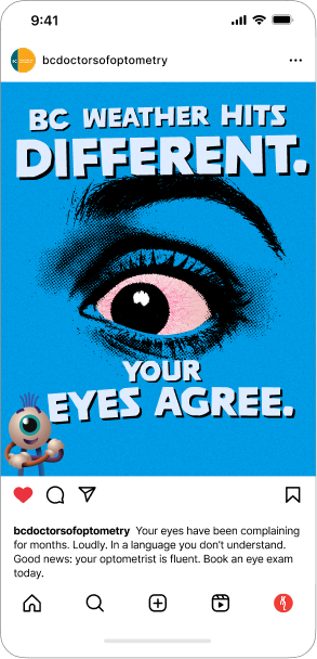 Social media post with a large eye illustration and bold text stating 'BC Weather Hits Different. Your Eyes Agree.'