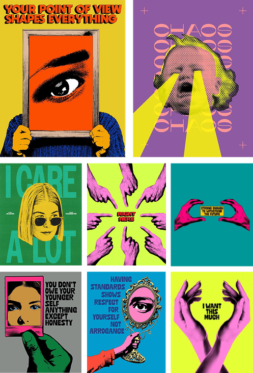 A collage with nine colorful images, including a person holding a frame with an eye, a woman with glasses, various hands pointing, and motivational messages about self-respect and honesty.