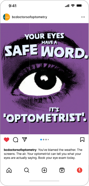 Social media post with a purple background featuring a black and white drawing of an eye. The text says, 'Your eyes have a safe word. It's 'Optometrist'!'