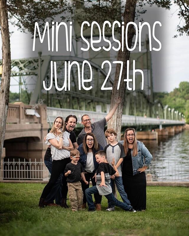 Something to get crazy excited about...Mini Session Day - Saturday, June 27th

AM Sessions - Silverwood Park, St. Anthony
PM Sessions - French Regional Park, Plymouth

Reserve your spot by sending us a message! Cost is $125 plus tax for an awesome 20