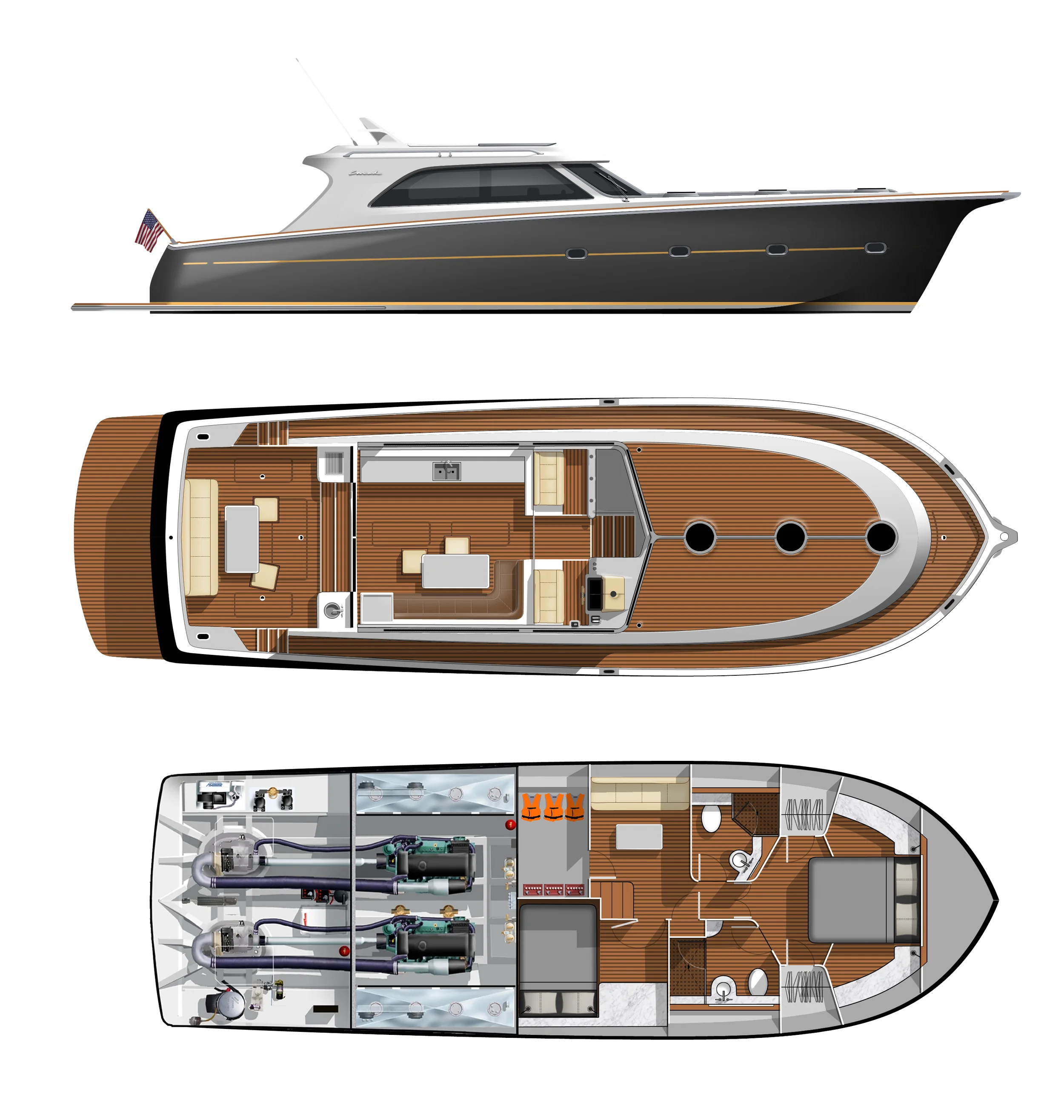 Upper and lower deck arrangements include galley up kitchen and dining, two large private staterooms, two heads with full enclosed showers, lower convertible lounge, as well as ample storage 