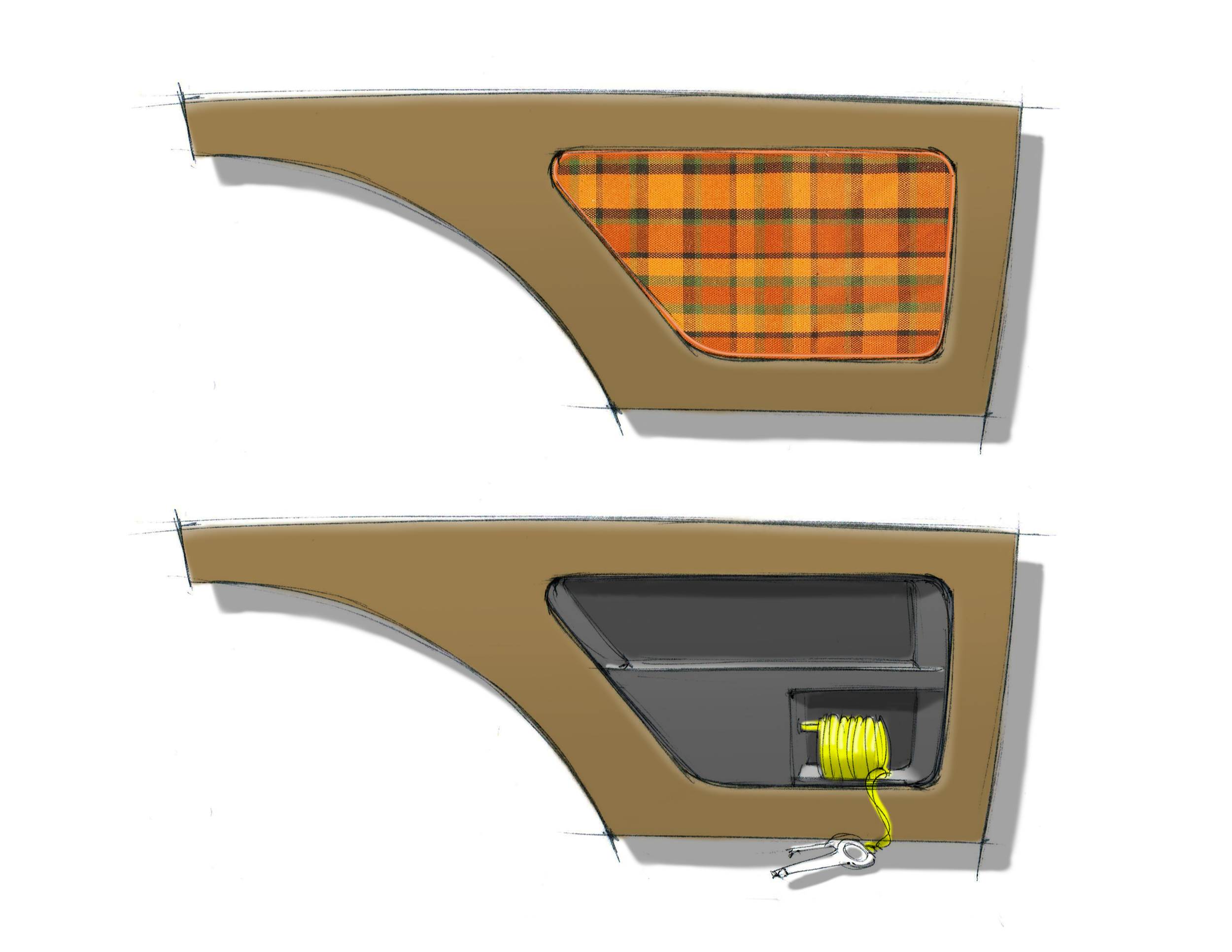 Rear cargo panels with removable door revealing a tool storage area and air compressor