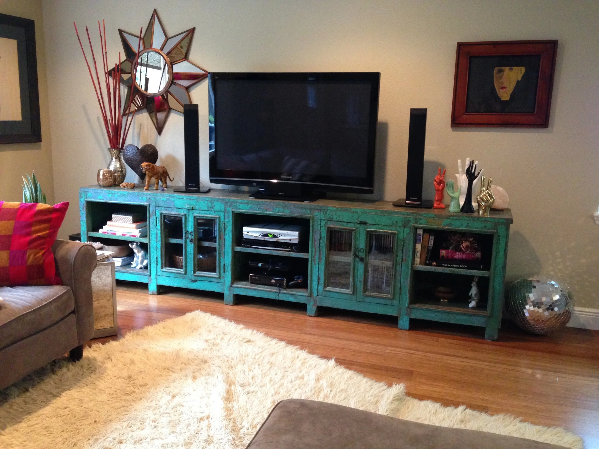 vintage Indian buffet - now the perfect media stand! 