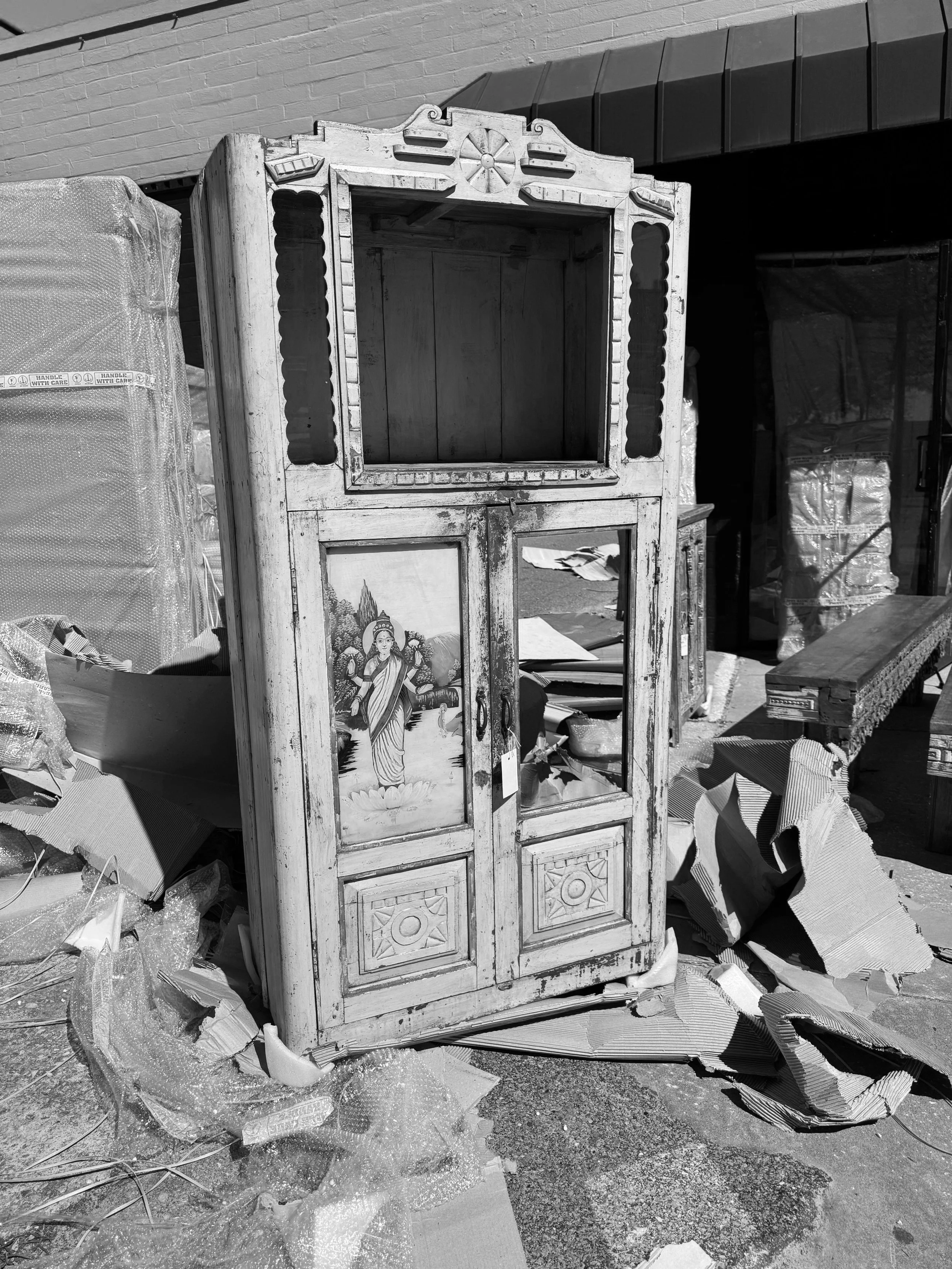 ***SOLD*** Antique Indian Cabinet with reversed painted glass panel