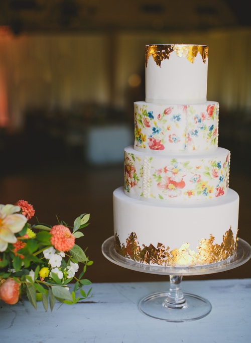 Vintage floral-print cake with distressed gold leaf. Image © Jagger Photography