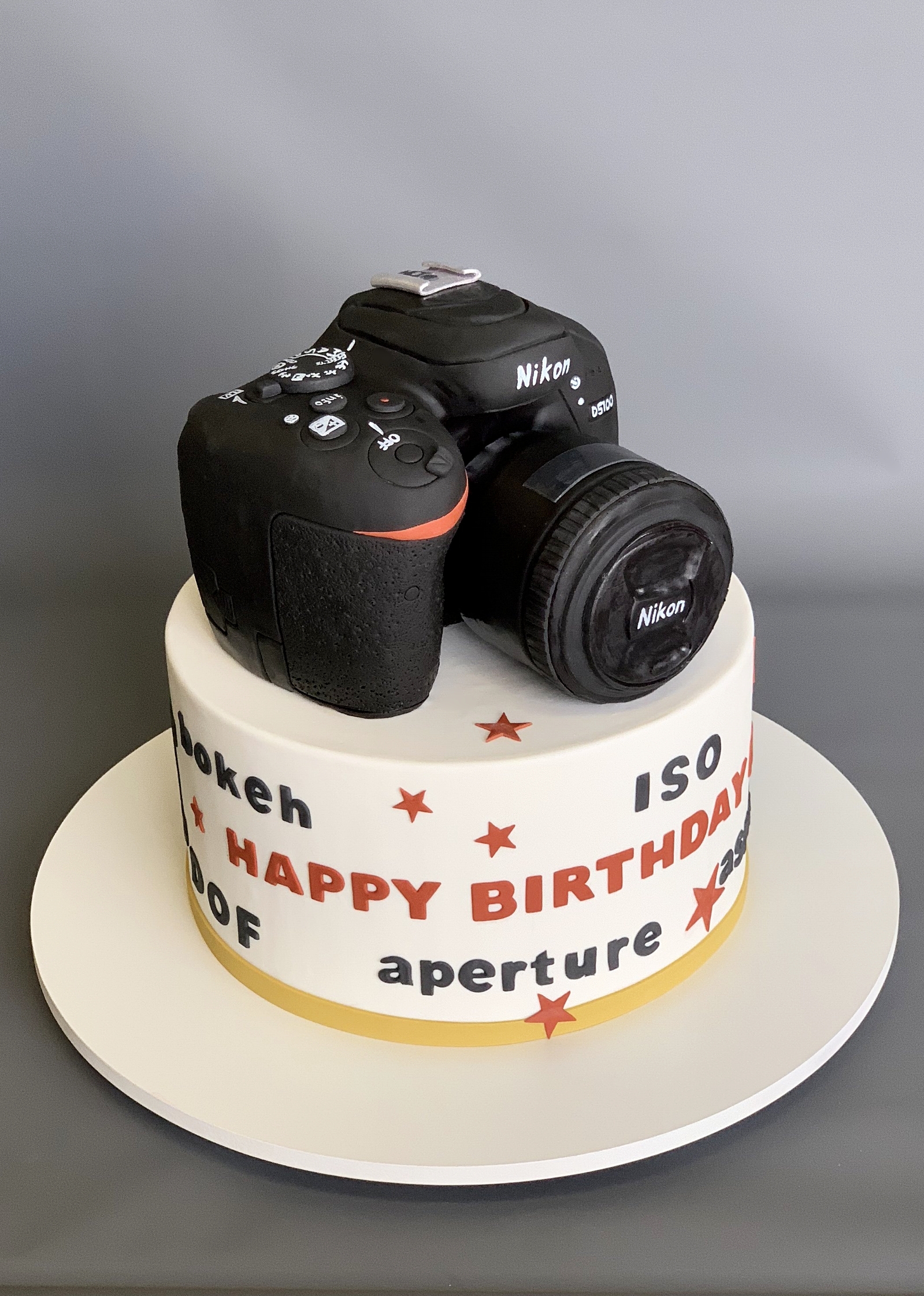 Nikon DSLR camera cake with fully edible details. Image copyright Carla Schier.