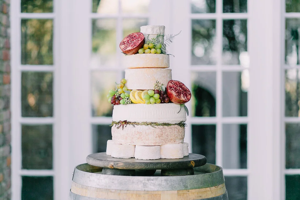 Boone Hall Plantation Charleston Wedding Planners | Rustic Cheese Wheel Pomegranates and Wine Wedding Cake | Scarlet Plan & Design