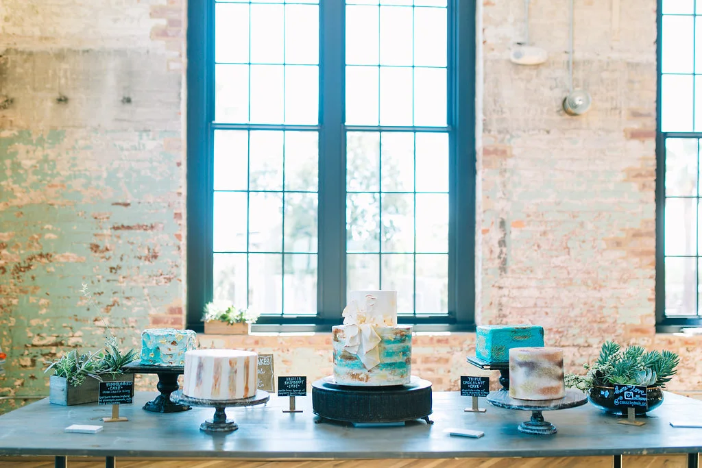 modern, industrial, mixed metals wedding cake bar at cedar room in charleston by scarlet plan & design | Charleston, Greenville Wedding Planners