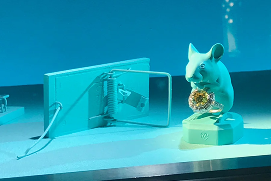 Tiffany & Co. creates a clever and monochromatic presentation with their signature hue offset by small scale props that highlight big sparkle.