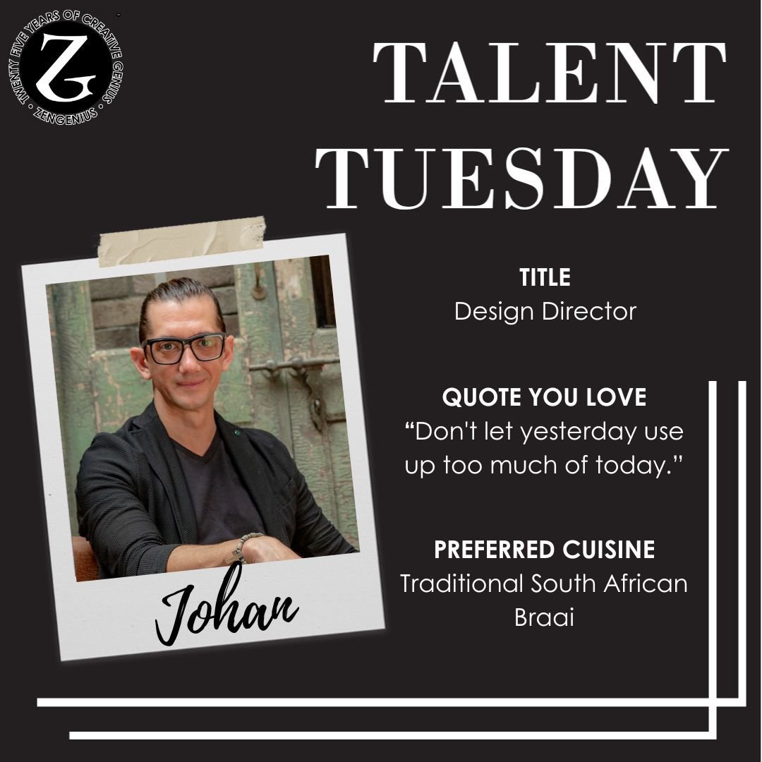 Say hello to Johan! 👋

Johan joins ZenGenius as Design Director and brings many years of global experience along with him. Originally from South Africa, he has traveled the world developing retail visual concepts, designs, action plans, social media