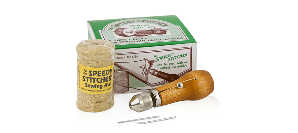 Manufacturer photo of the Speedy Stitcher Deluxe Sewing Awl Kit number 110 with wood-handled awl, waxed thread, needles, and box