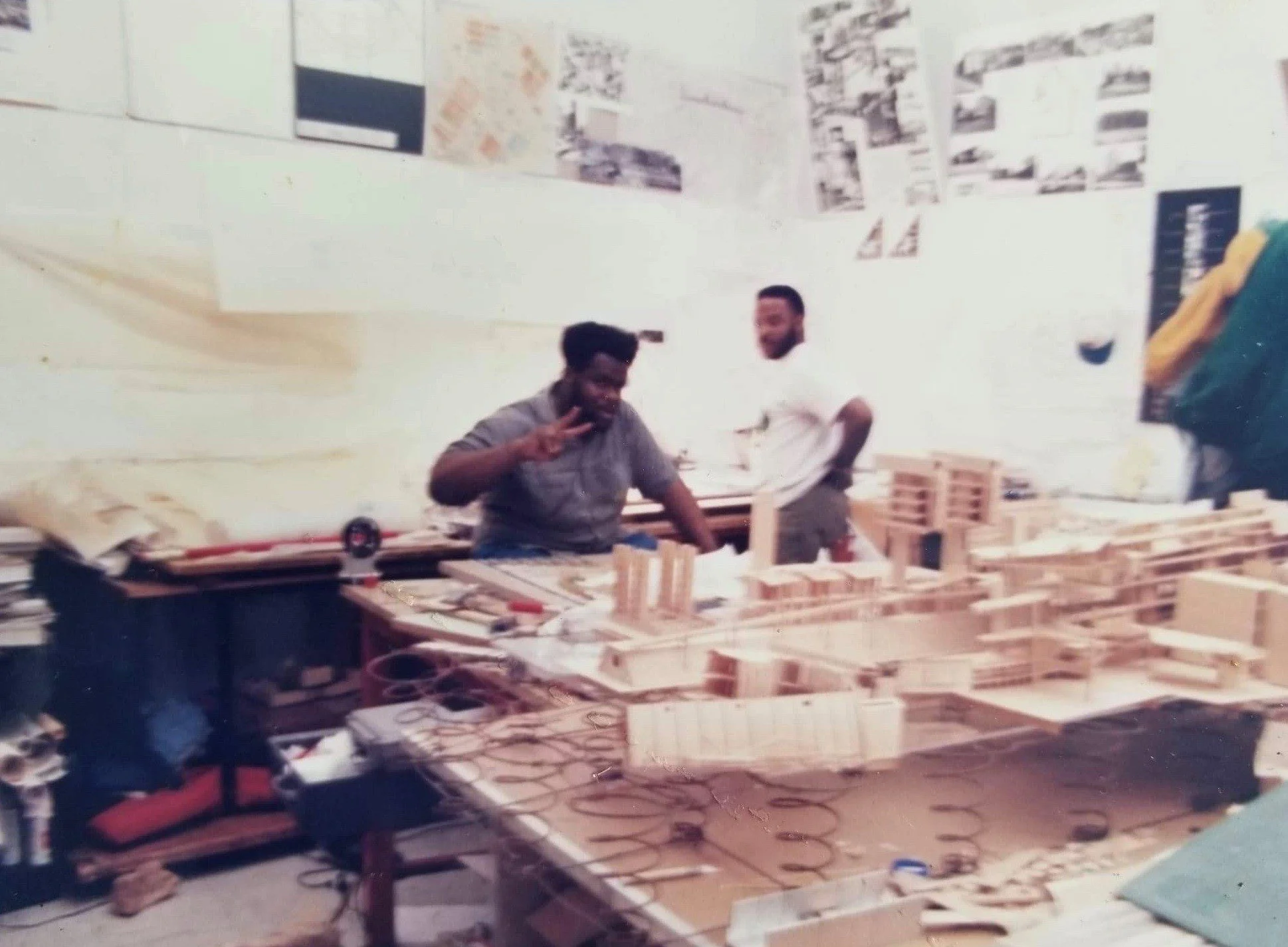 Photo of 1993 Thesis Studio (Big Al Isaacs and Patrick Williams with Nicholas Chin's thesis model in foreground)