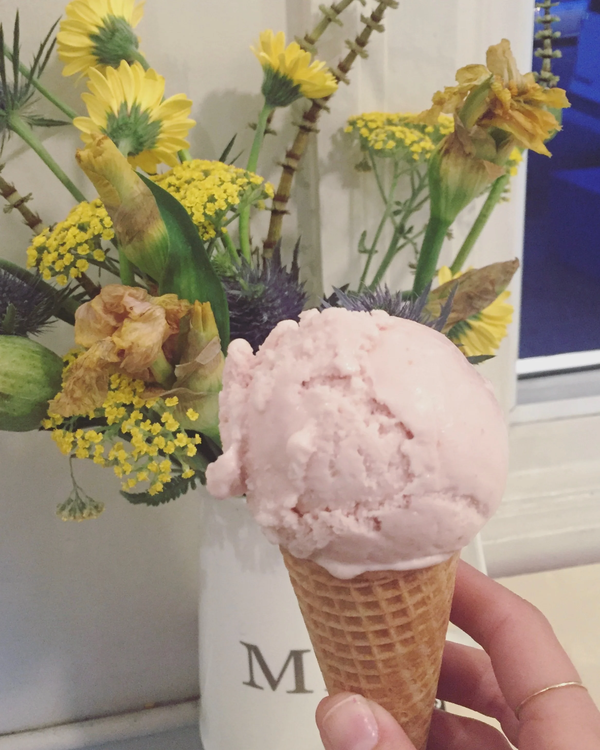 This is my favorite ice cream flavor in the whole world. It's called Eaton Mess. It's only available in the summer months because they use fresh strawberries. This is a mix of California's freshest strawberries and marshmallow fluff. It doesnt get any better than that. 