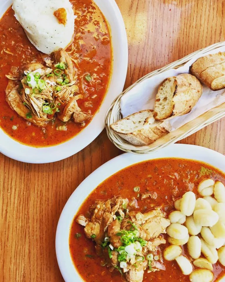 The chicken paprikash with mash potatoes and gnocci. 