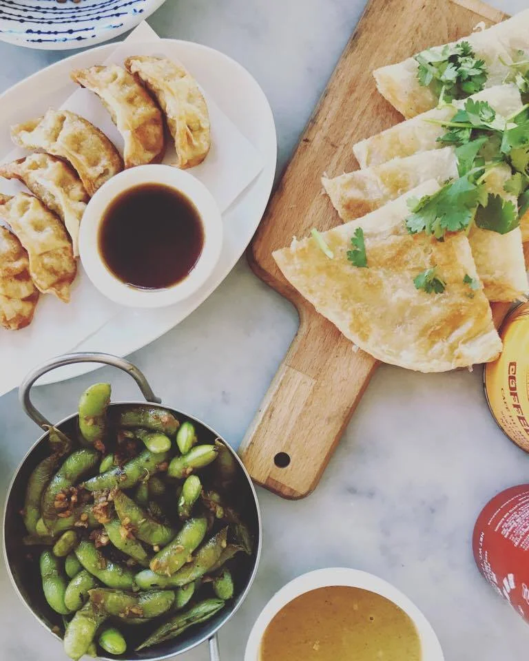 Roti bread with curry dipping and vegetable gyoza. 