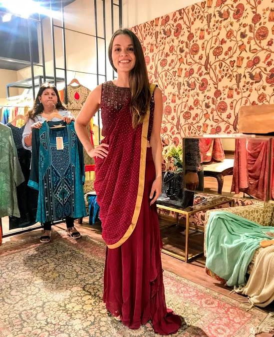 This is the only Sari they had available for trying on as the others are made exclusively for your body type. The lady behind me said its nice, but don't buy it because you won't stand out at an Indian wedding!