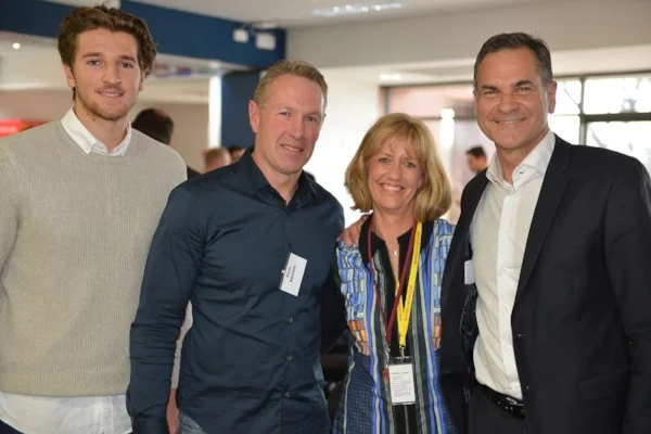 Prue from the Foundation Office, flanked by Laurie Serafini, Marcus Bontempelli and Gavin Brown at the 2016 Friends of Football Function.