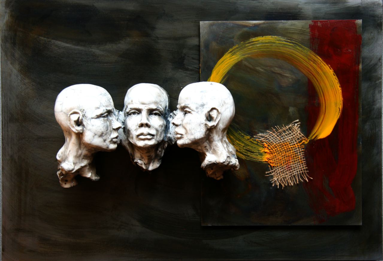   Untitled (3 Heads Same, Wall-Mounted with burlap and encaustic ), 18x26"&nbsp; Head Sculpture 