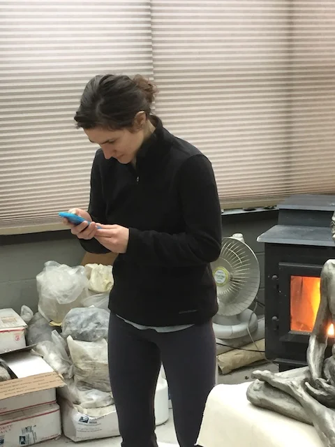 Pose idea -- for a series of clothed figures who will be intently hunched over their smartphones