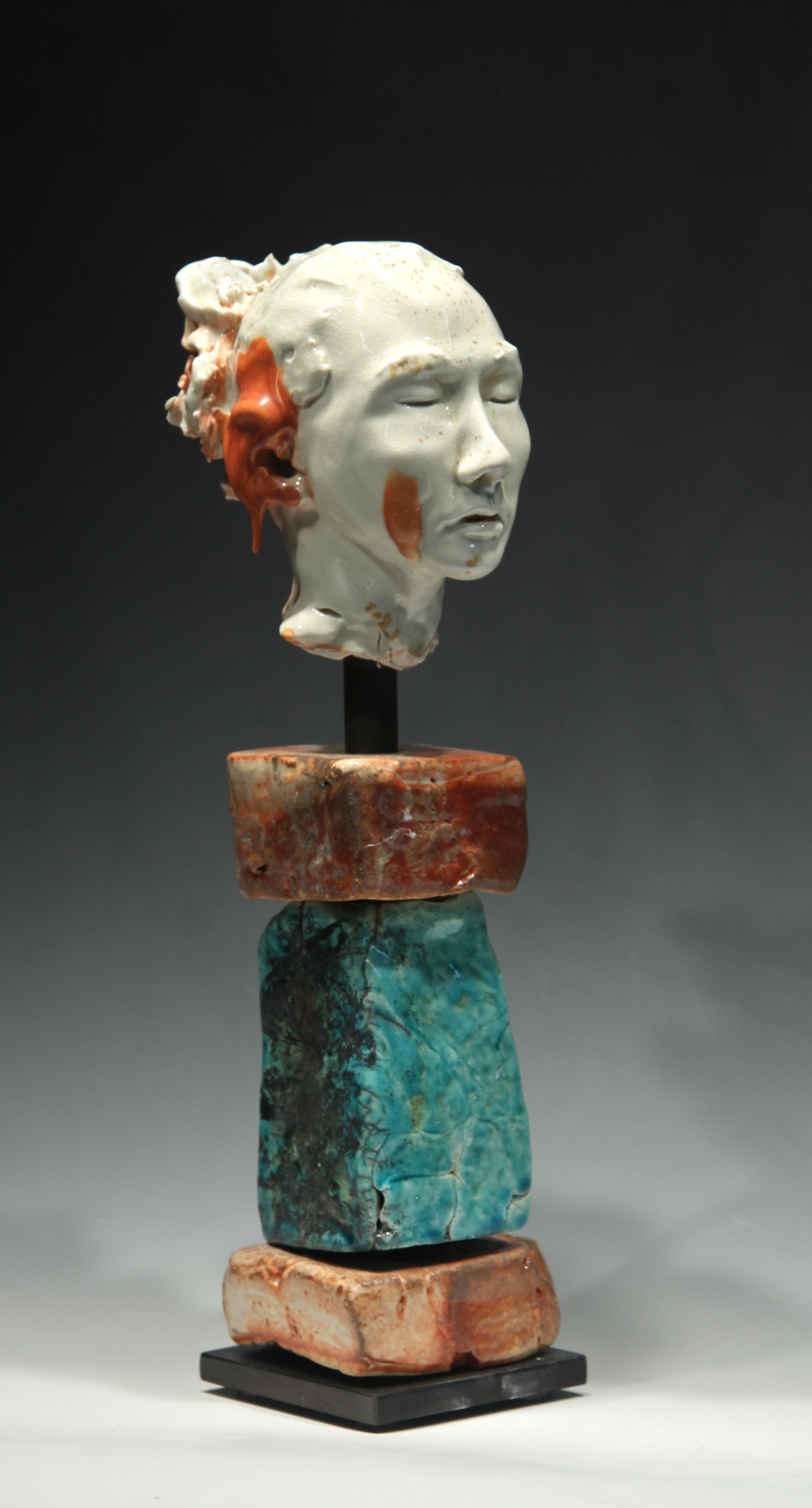  Woman's Head with Red Drip on Ear, noborigama-fired porcelain.&nbsp; Head Sculpture 
