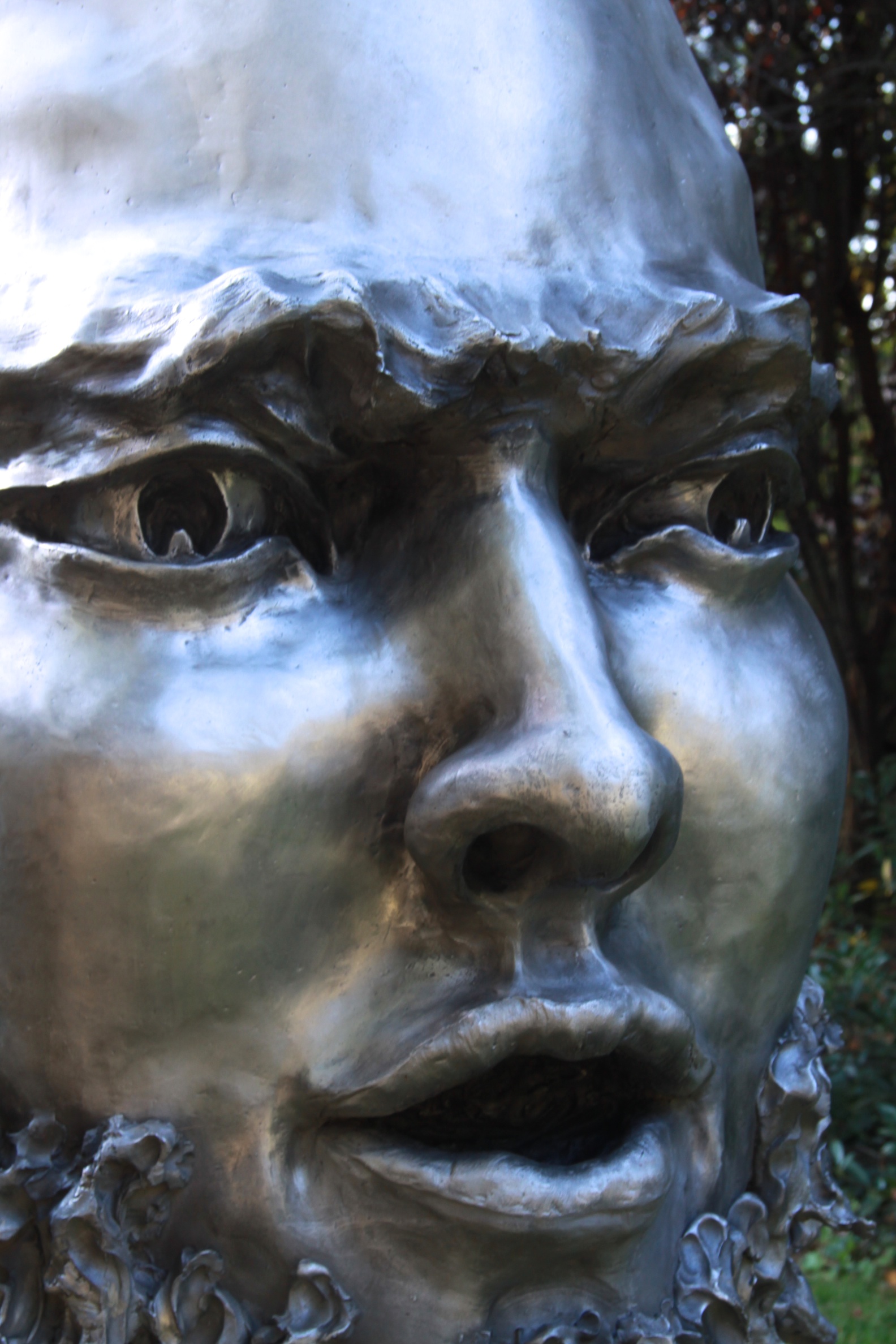 Fierce, outdoor sculpture (cast aluminum) bronze head sculpture, public art sculpture figure