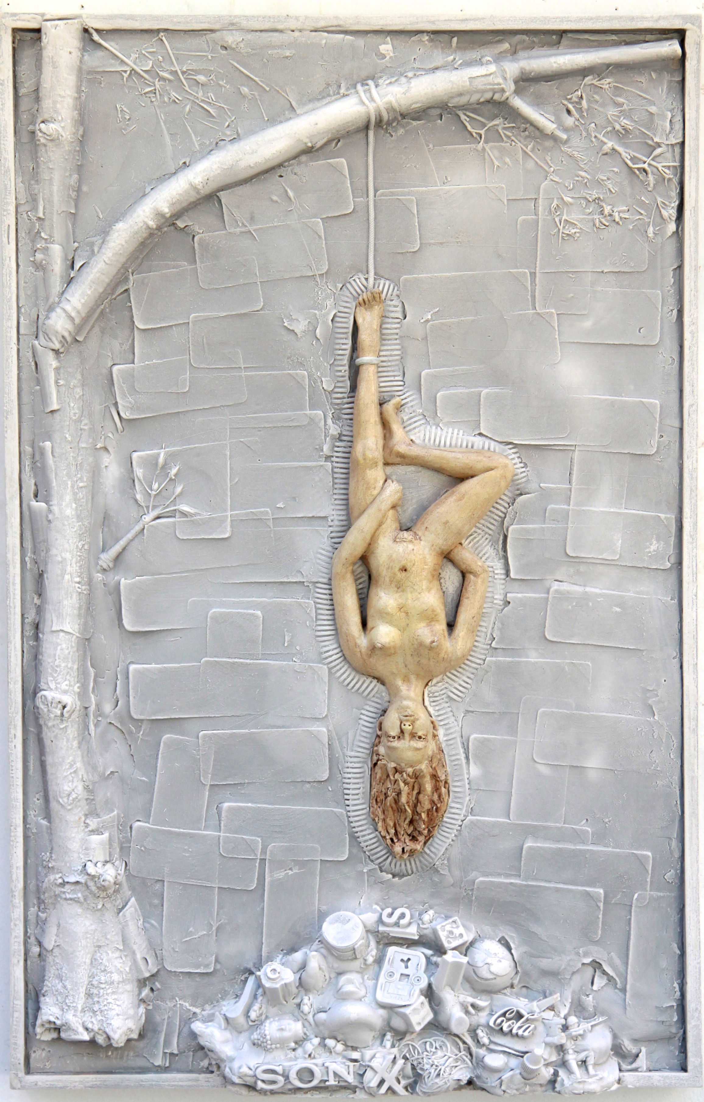    Hanged Man (Woman)   Carrara marble and hydrocal, 28"x18"x4" wall relief art, 2017 