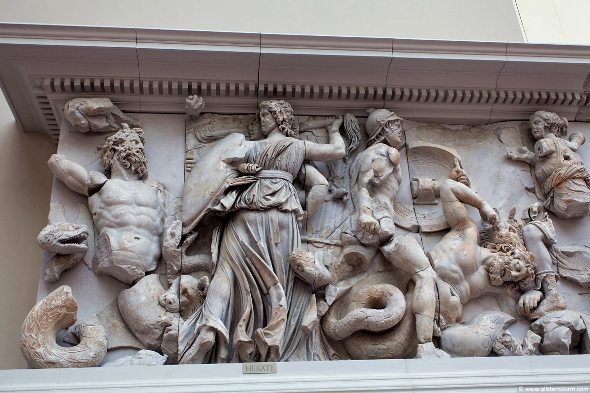 Section of wall relief sculpture from the Pergamon Altar, installed in the Pergamon Museum, Berlin