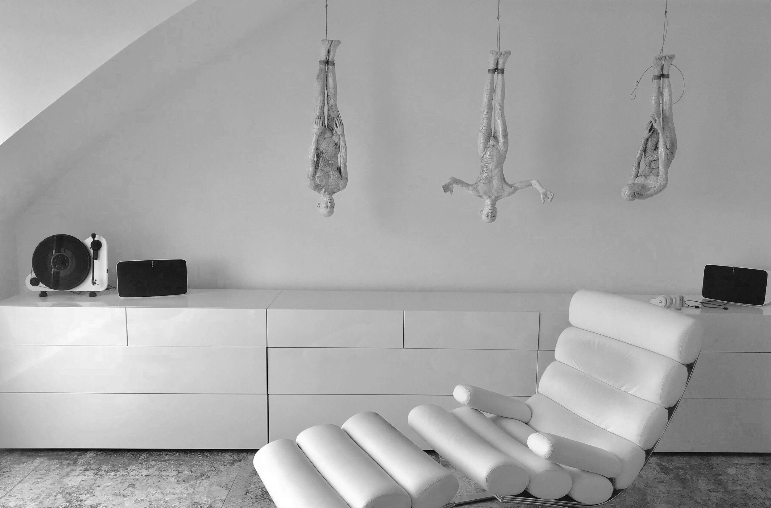  3 Hanging Butoh Figures, installation view in collector home, Hamburg, Germany. 