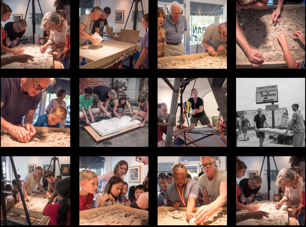 Collage of images during the day of imprinting works into the clay, LaGrange, GA