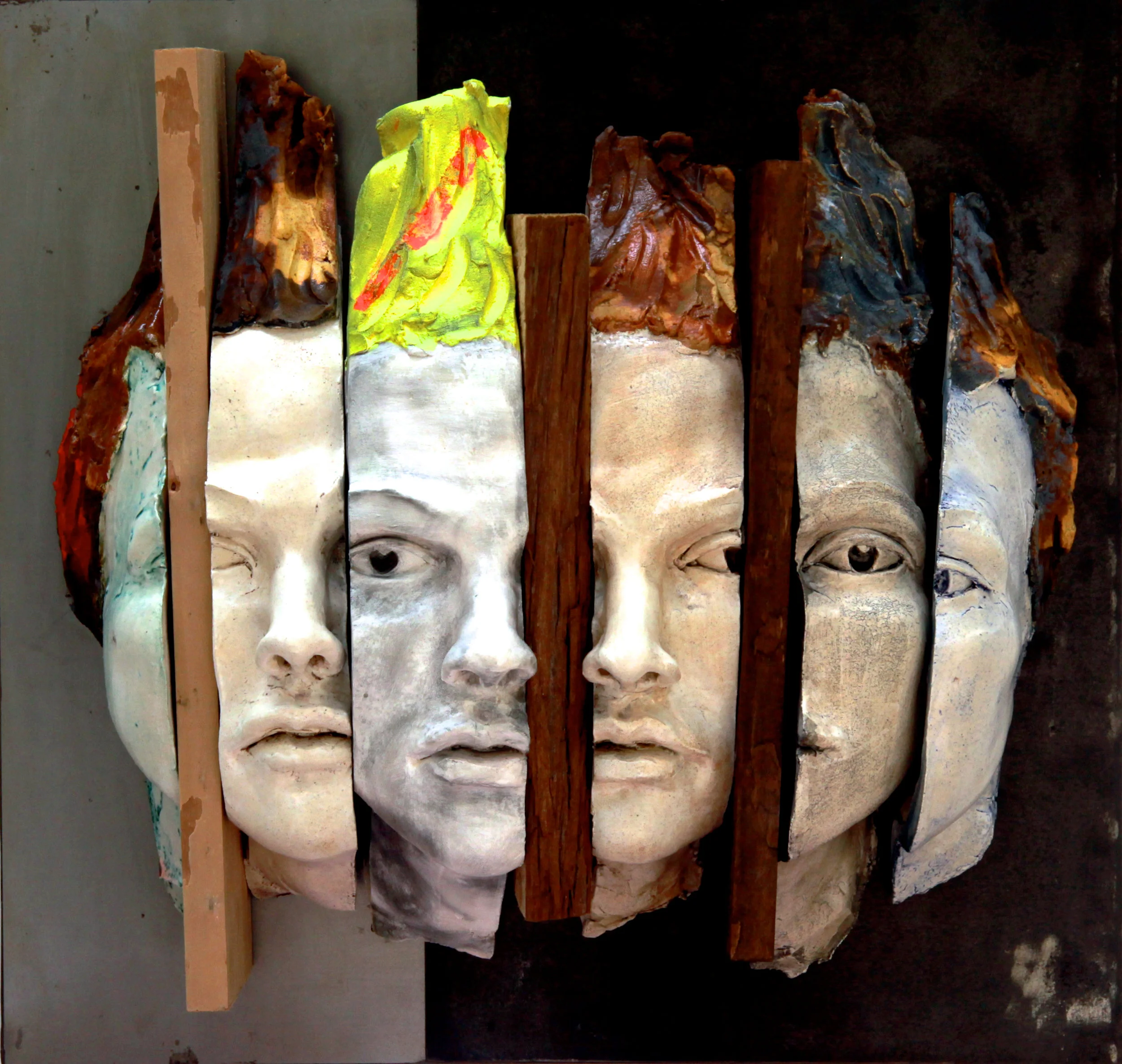  Unstructured Presence, availabe, 23”H x 30” W, glazed stoneware on steel with wood elements, wall mounted. 