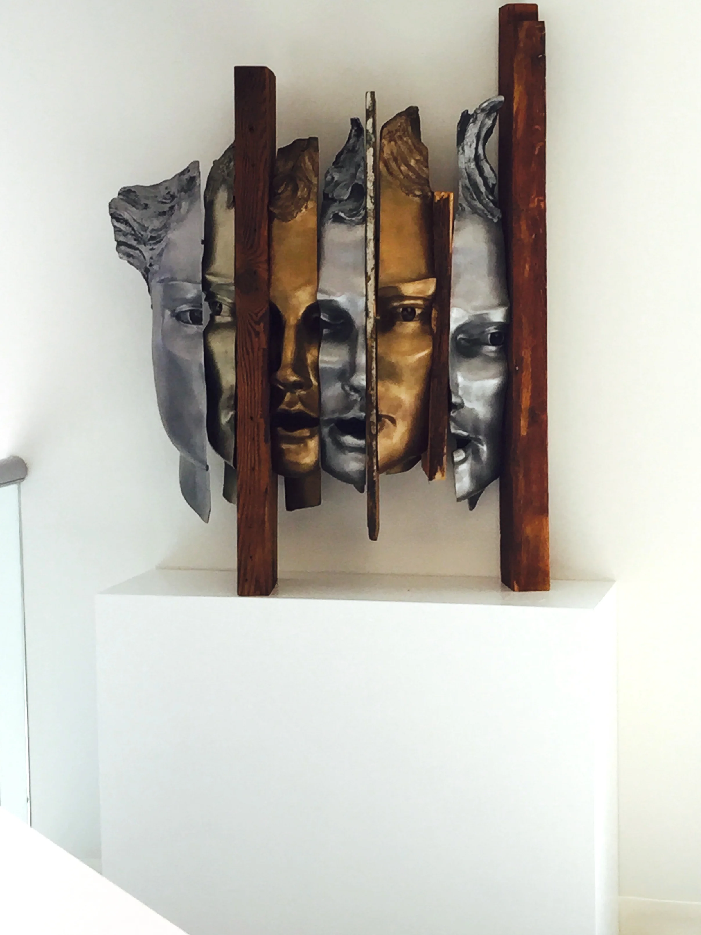  Available. Unstructured Presence, bronze, aluminum, brass- this mounts on a pedestal near the wall, supported by the two large wood support parts. larger - approx 42”H x 42”w 