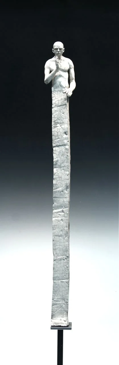  Placing three of these Man on Tall Pillar works together would create a powerful visual impact.  Each would have different hand gestures, to be chosen by you. 