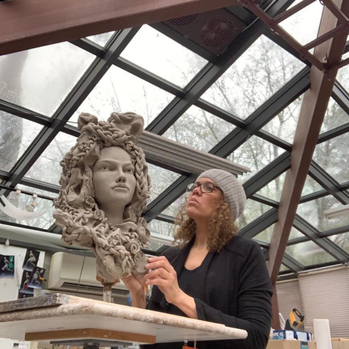  CoPortraits #1, work in progress.  Collaborative piece created by Cybil Charlier (shown here) and Bob Clyatt, stoneware, 25”H April 2019 