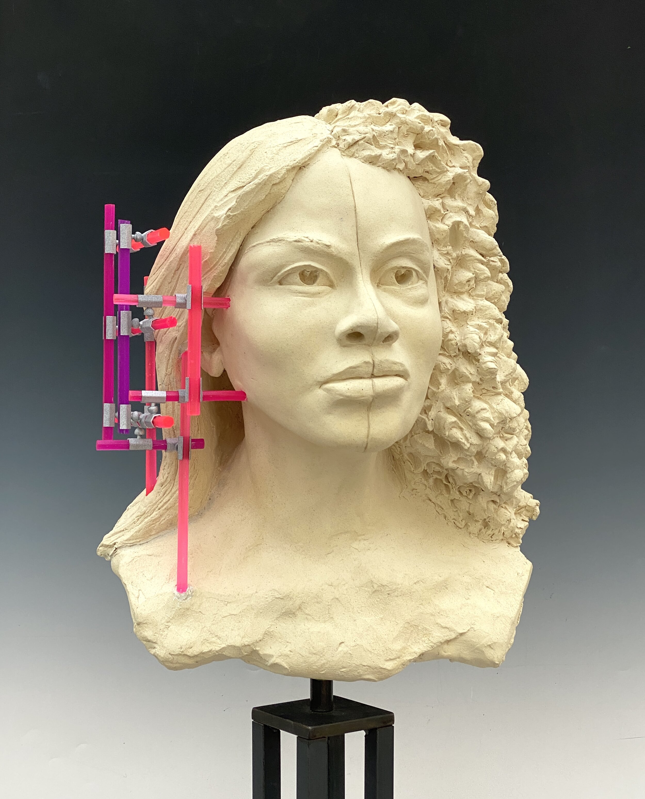  Conversation #8 (left head), high-fire stoneware with cast resin and 3-d printed scaffolding, lifesize.  Head is a fusion of Michelle Obama and Oprah. 