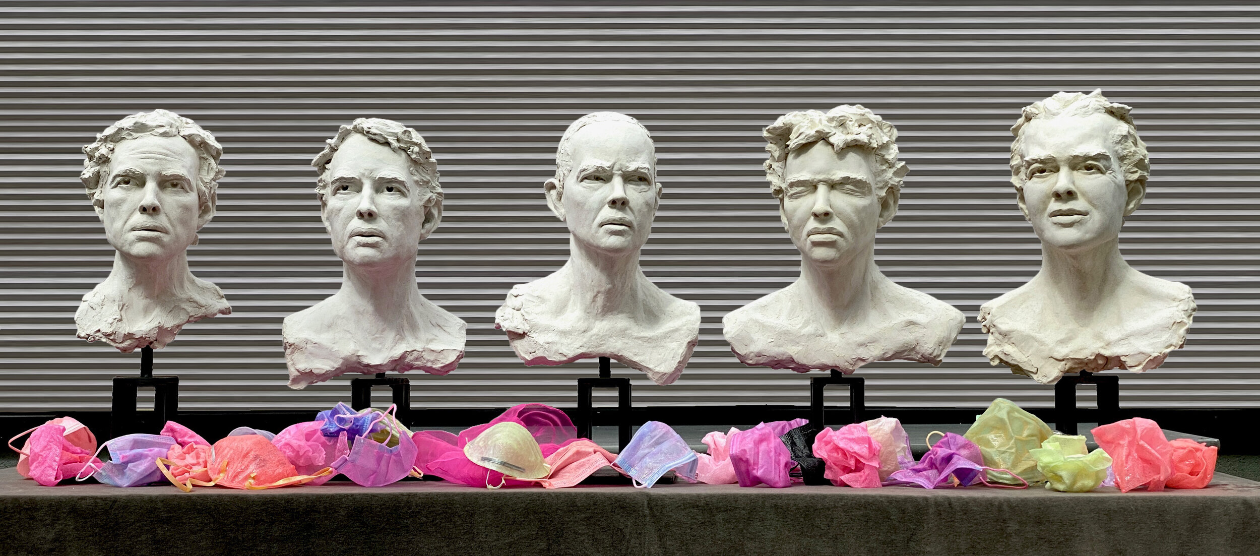  Five Self-Portrait Heads- Covid Series, April-August 2020, lifesize stoneware bisque with resin-infused masks 