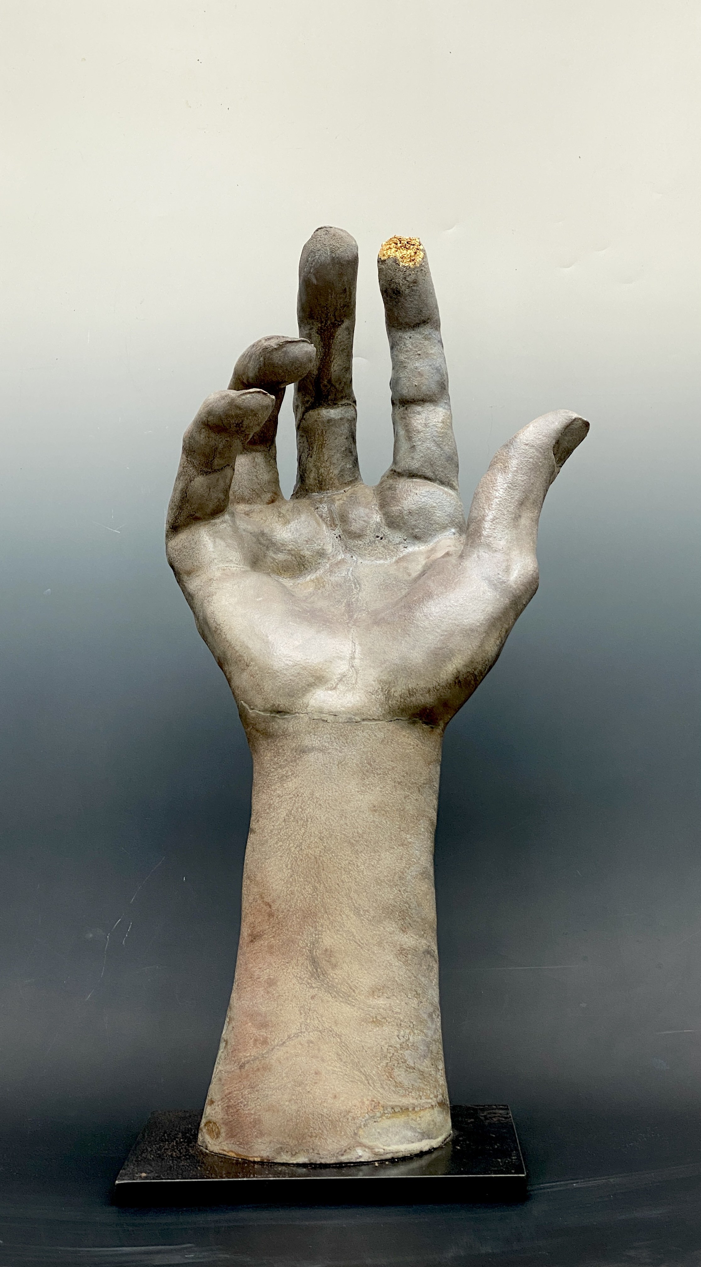 Large Hand- Gold Leaf Fingertip- Anagama- Bob Clyatt Sculpture.jpg