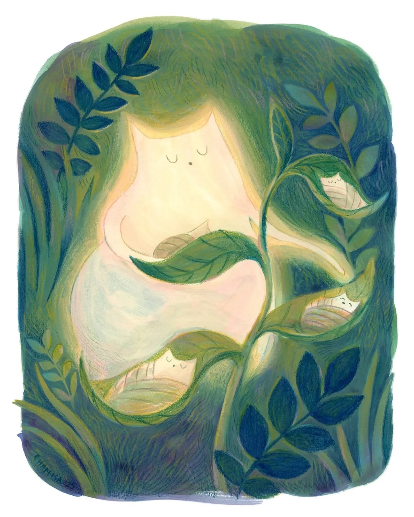 Naptime for these little creatures. I swear I was trying to make one of these creature drawings NOT be glowing but it just turned out this way 😜 

I'll be collecting these in a 2026 calendar - join my little newsletter to be the first to know about 