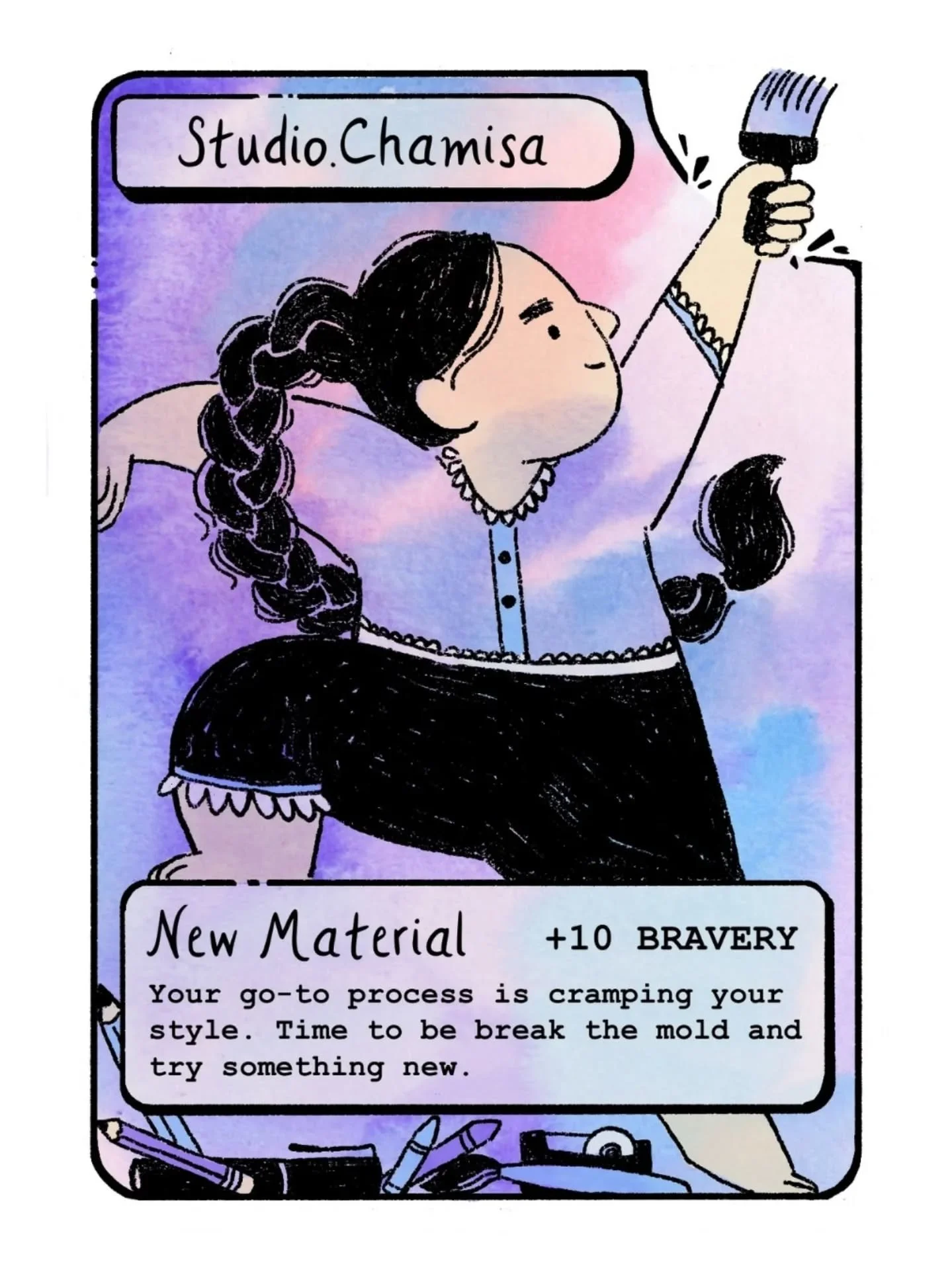 Had the pleasure of participating in this fun personal project initiated by fellow illustrator  @here_4_cheese &mdash; a series of trading cards describing the artist experience. I chose to make one about exploring new materials and how that can some
