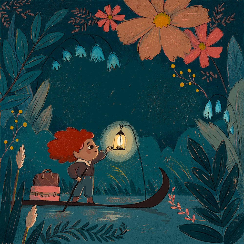 Illustration of a young adventurer guiding a boat through a mysterious dark and jewel-toned natural landscape, filled with giant flowers. The adventurer is turning on her lamp, which hangs from the prow of her boat.