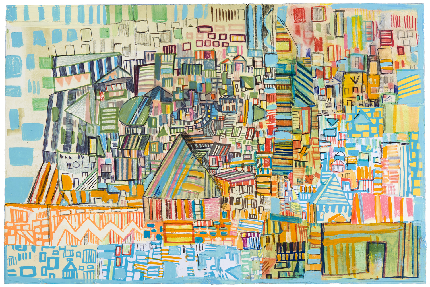 municipal | pencil, marker, silkscreen, monotype, and acrylic collage on paper adhered to panel | 12" x 18" | 2014