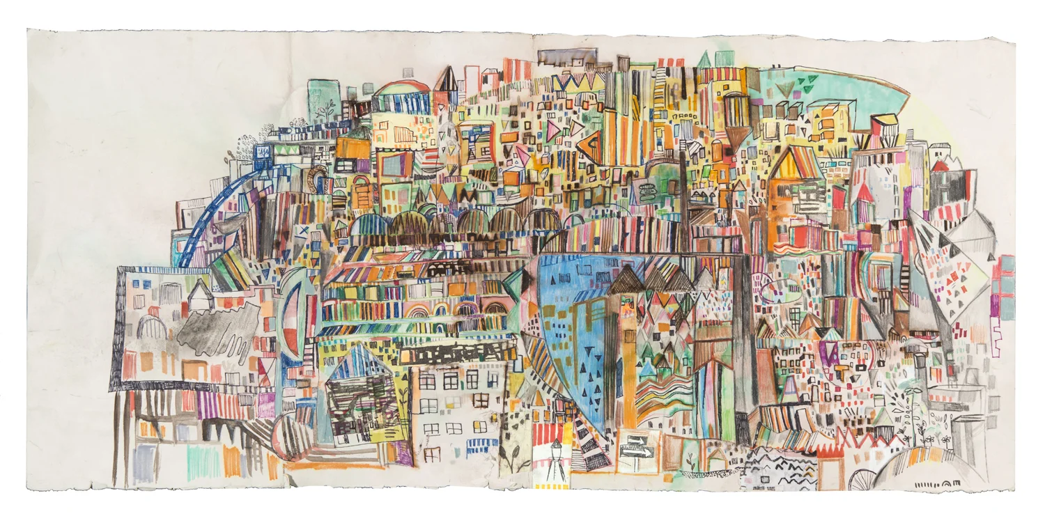 long days | pencil, marker, watercolor, and print collage on paper | 14" x 30" | 2012