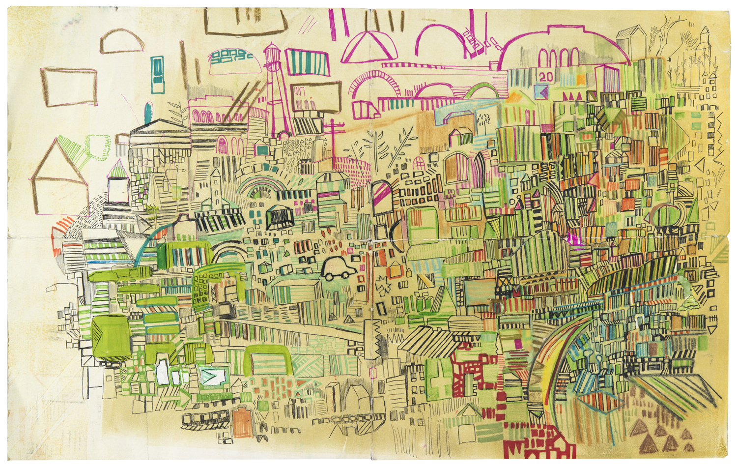 crowded | pencil, marker, monotype, and acrylic on paper | 16" x 25" | 2014