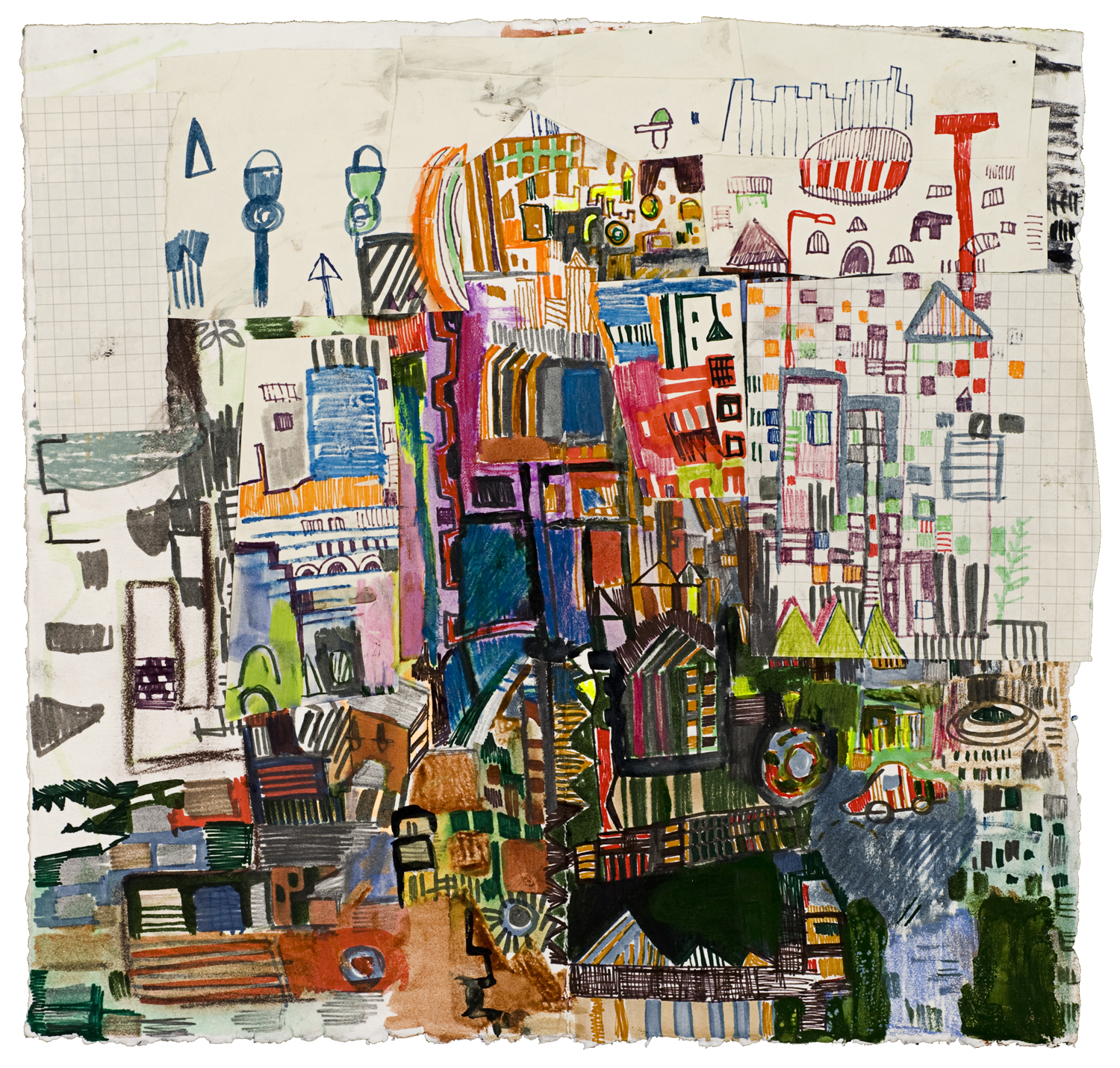 Transit Daydreams | Pencil, marker, acrylic paper collage on paper | 12" x 12" | 2008