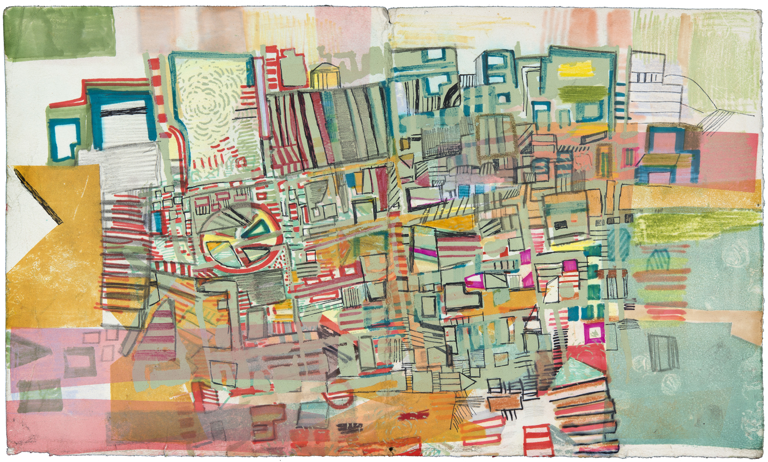 Arch St. route | pencil, marker, screenprint, monotype, and watercolor on paper | 9" x 15" | 2016