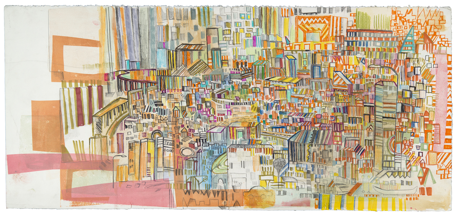  sidewalk watchers | pencil,&nbsp;marker,&nbsp;screenprint, monotype, and watercolor on paper | 13" x 28" | 2016 