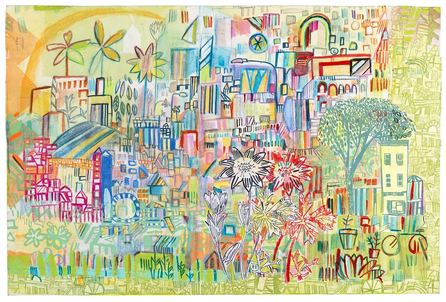  quiet dreams | pencil, marker, silkscreen, monotype, and acrylic collage on paper adhered to panel | 12" x 18" | 2017 